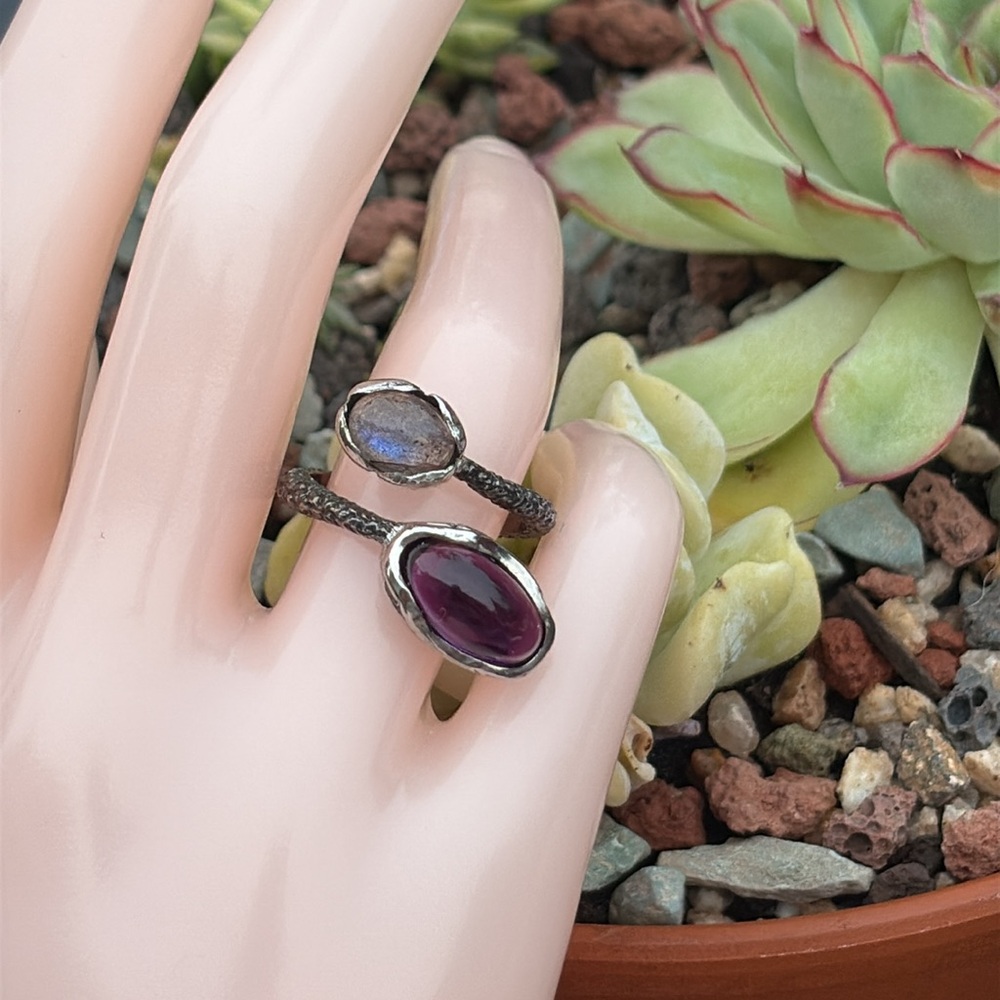 Sterling Double Stone Open Ring with Purple and Iridescent Gemstones